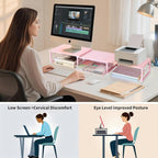 OPNICE Dual Monitor Stand Riser, Desk Organizer with Drawer, Office Desk Organizers and Accessories, Office Workspace Organization Computer Monitor Stand for Laptop, Printer, TV（Pink）