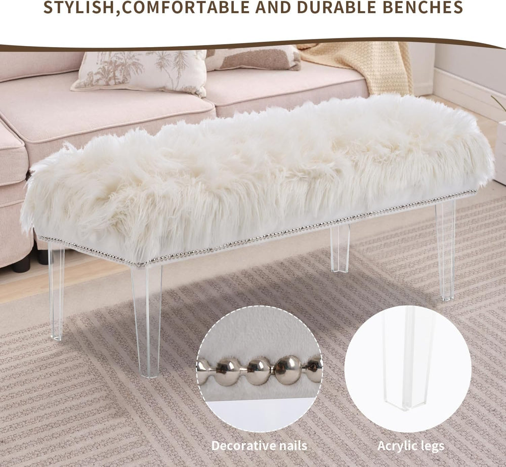 Modern White Faux Fur Ottoman Bench - Upholstered Furry Bench with Acrylic Le...
