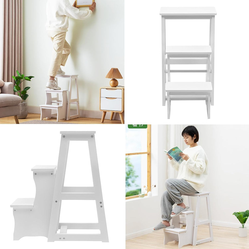 LYNICESHOP Folding Library Ladder Chair, 3-Step Wooden Folding Chair Lightweight Portable Multifunctional Step Stool, Stool Stepladders Display Stand and Flower Stand (White)
