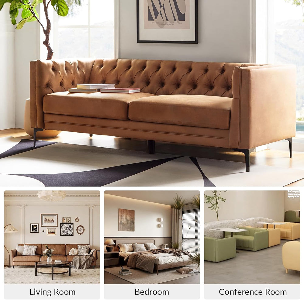 HULALA HOME 84" Faux Leather Sofa, Mid Century Modern 3 Seater Couch, Ca...