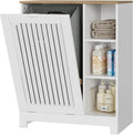 Tilt Out Laundry Hamper Cabinet with Louvered Door, Canvas Basket and 3 Open Side Shelves, Hidden Trash Can Cabinet, Ideal for Laundry, Kitchen, Bathroom, White