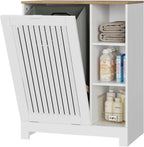 Tilt Out Laundry Hamper Cabinet with Louvered Door, Canvas Basket and 3 Open Side Shelves, Hidden Trash Can Cabinet, Ideal for Laundry, Kitchen, Bathroom, White