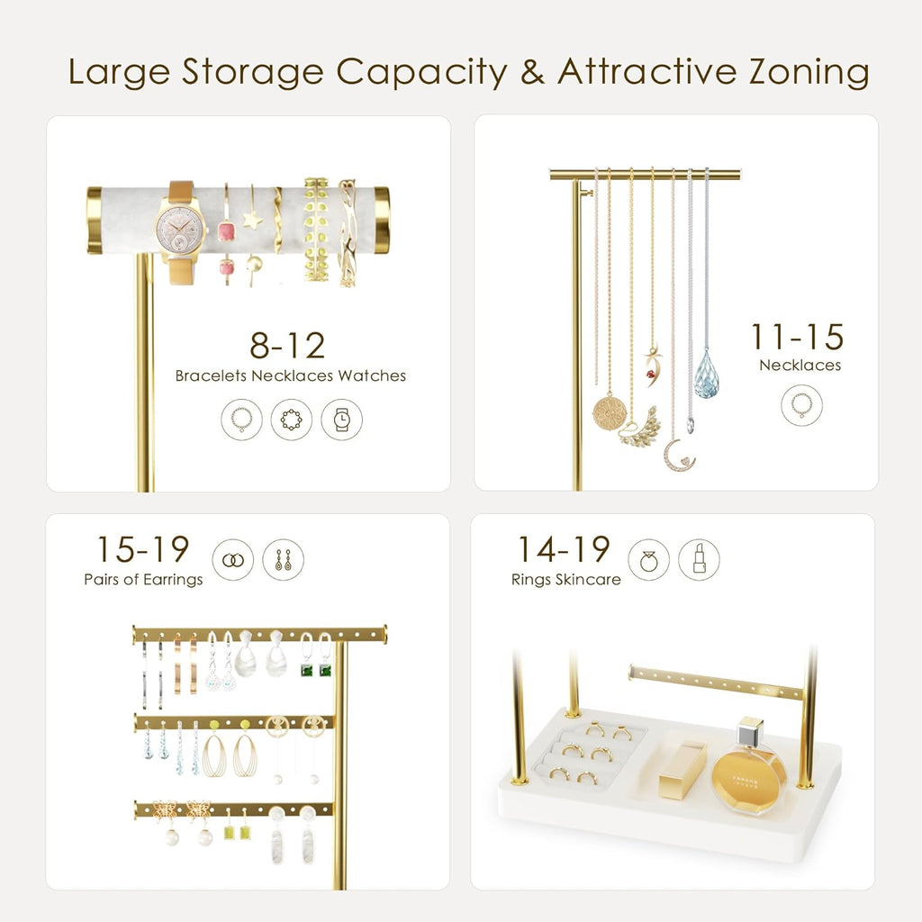 SZQINJI 5 Tier Jewelry Holder Organizer, Gold Jewelry Stand with Velvet Bracelet Holder, Adjustable Height Jewelry Display for Necklaces, Bracelets, Earrings, Rings, Gift Idea for Women, White