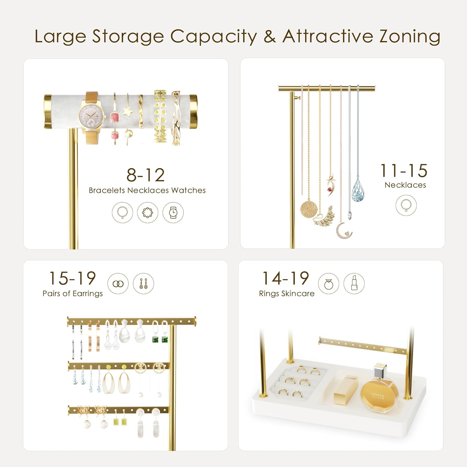 SZQINJI 5 Tier Jewelry Holder Organizer, Gold Jewelry Stand with Velvet Bracelet Holder, Adjustable Height Jewelry Display for Necklaces, Bracelets, Earrings, Rings, Gift Idea for Women, White