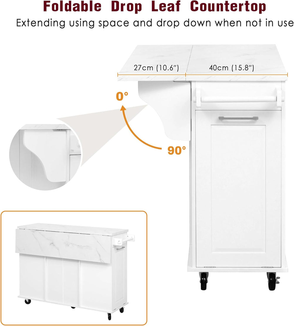 50.7" Kitchen Island with Drop Leaf Storage for Trash Can White