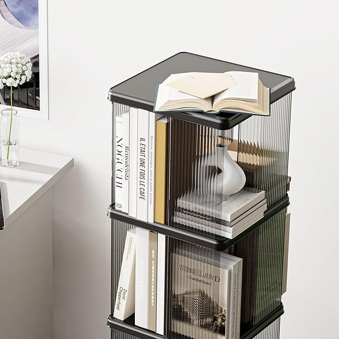 4 Tier Rotating Bookshelf, Small Corner Bookshelf for Small Space, 360 Display Floor Standing Bookcase, Lazy Susan Plastic Narrow Book Organizer Shelf for Bedroom, Living Room, Rectangular