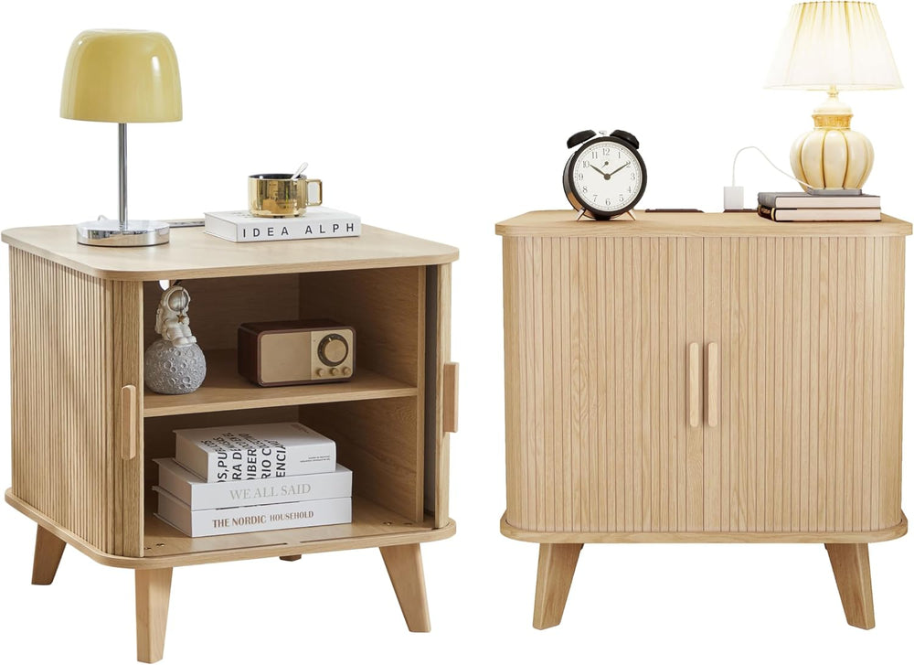 Nightstands Set of 2, 24 Inch Mid-Century Fluted End Table with Charging Stat...