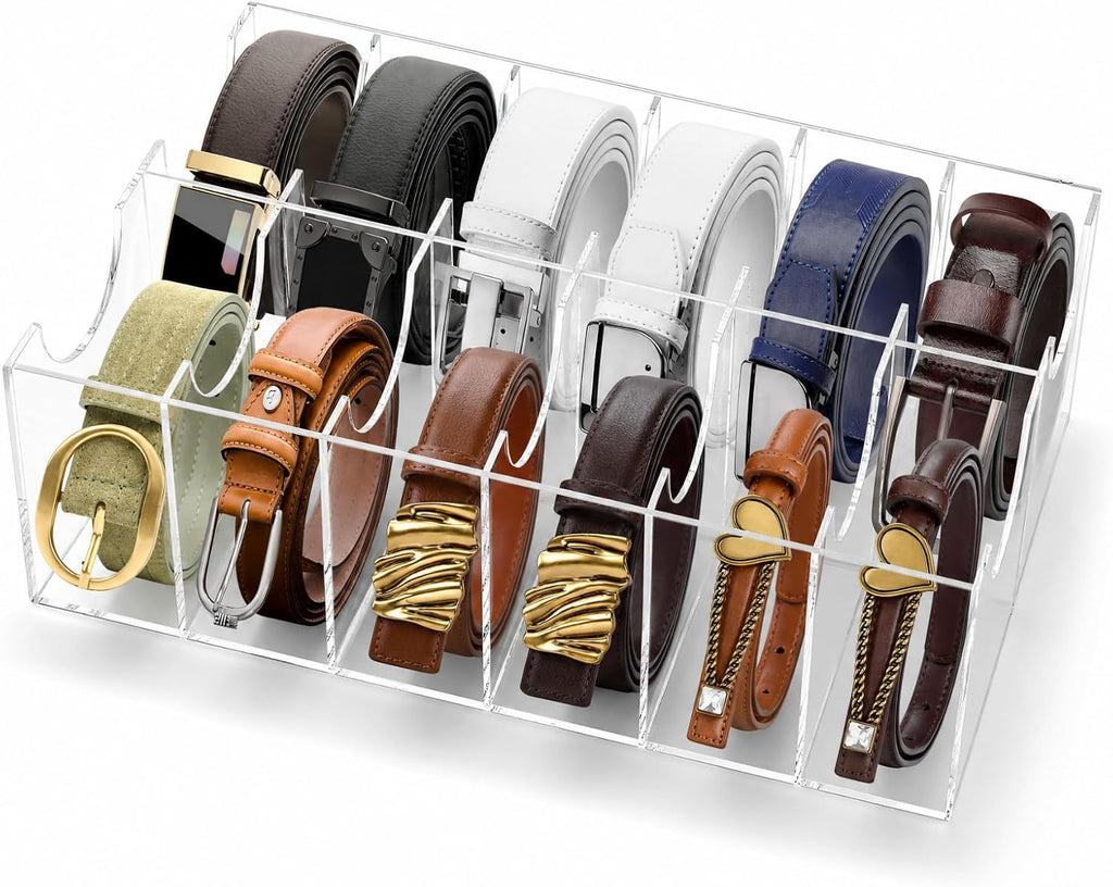 ZENFUN 12 Compartments Belts Storage Box, Acrylic Belt Organizer, Belt Container Storage Holder Clear Belts Display Case for Watch, Hair Accessories, Jewelry, Closet and Drawer