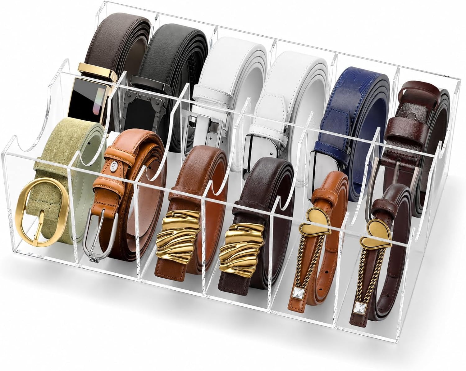 ZENFUN 12 Compartments Belts Storage Box, Acrylic Belt Organizer, Belt Container Storage Holder Clear Belts Display Case for Watch, Hair Accessories, Jewelry, Closet and Drawer