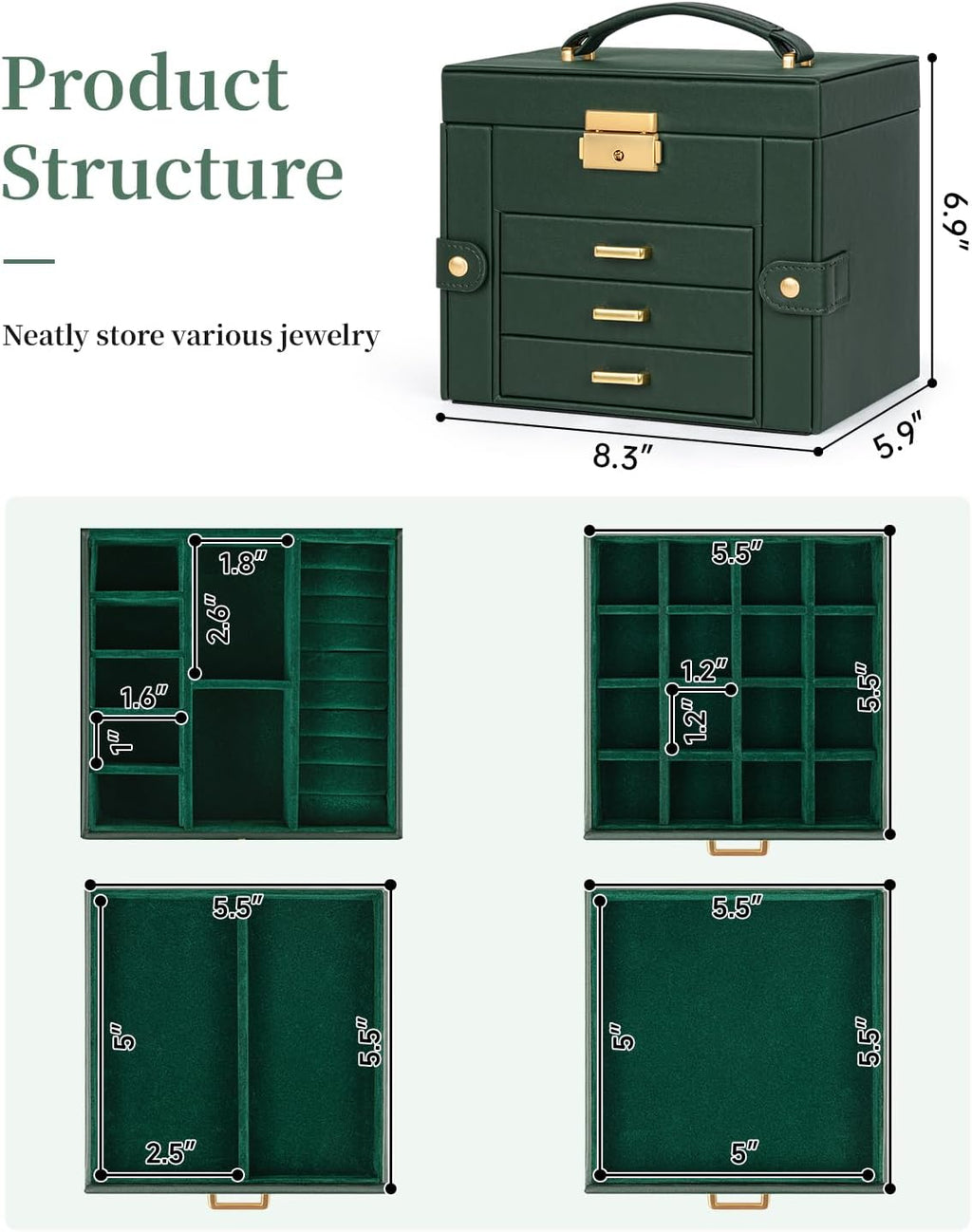 TORIBIO Jewelry Box for Women, Leather Jewelry Organizer with Mirror & Lock, 4-Tier Jewelry Storage Organizer with 3 Drawers for Girls/Women/Mothers, Necklace Earring Bracelets Holder Organizer