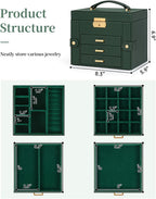 TORIBIO Jewelry Box for Women, Leather Jewelry Organizer with Mirror & Lock, 4-Tier Jewelry Storage Organizer with 3 Drawers for Girls/Women/Mothers, Necklace Earring Bracelets Holder Organizer