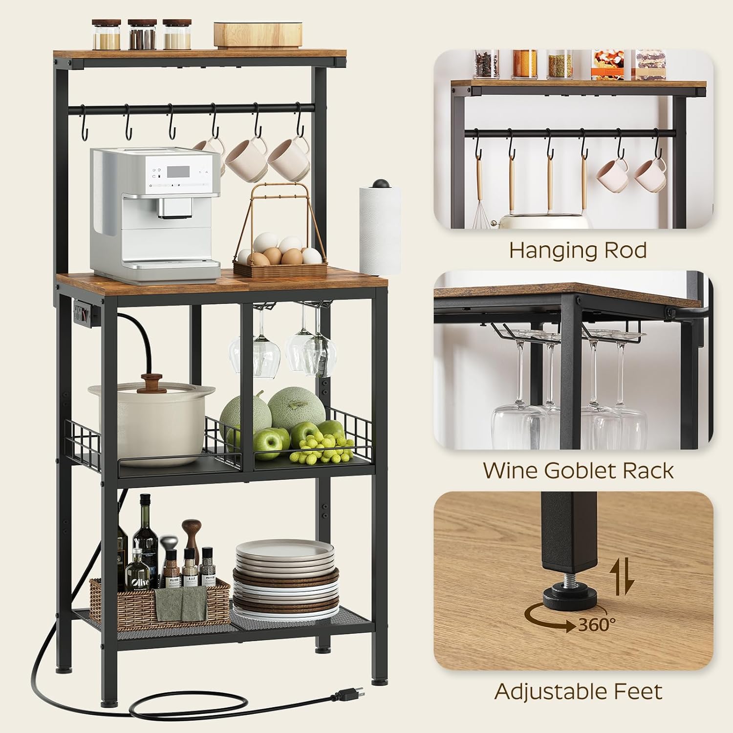 YATINEY Bakers Rack with Power Outlet, Microwave Stand with Paper Holder, Coffee Bar Station with Wine Glass Holder, 4-Tier Kitchen Storage Rack for Dining Room, Living Room, Rustic Brown HB02UBR