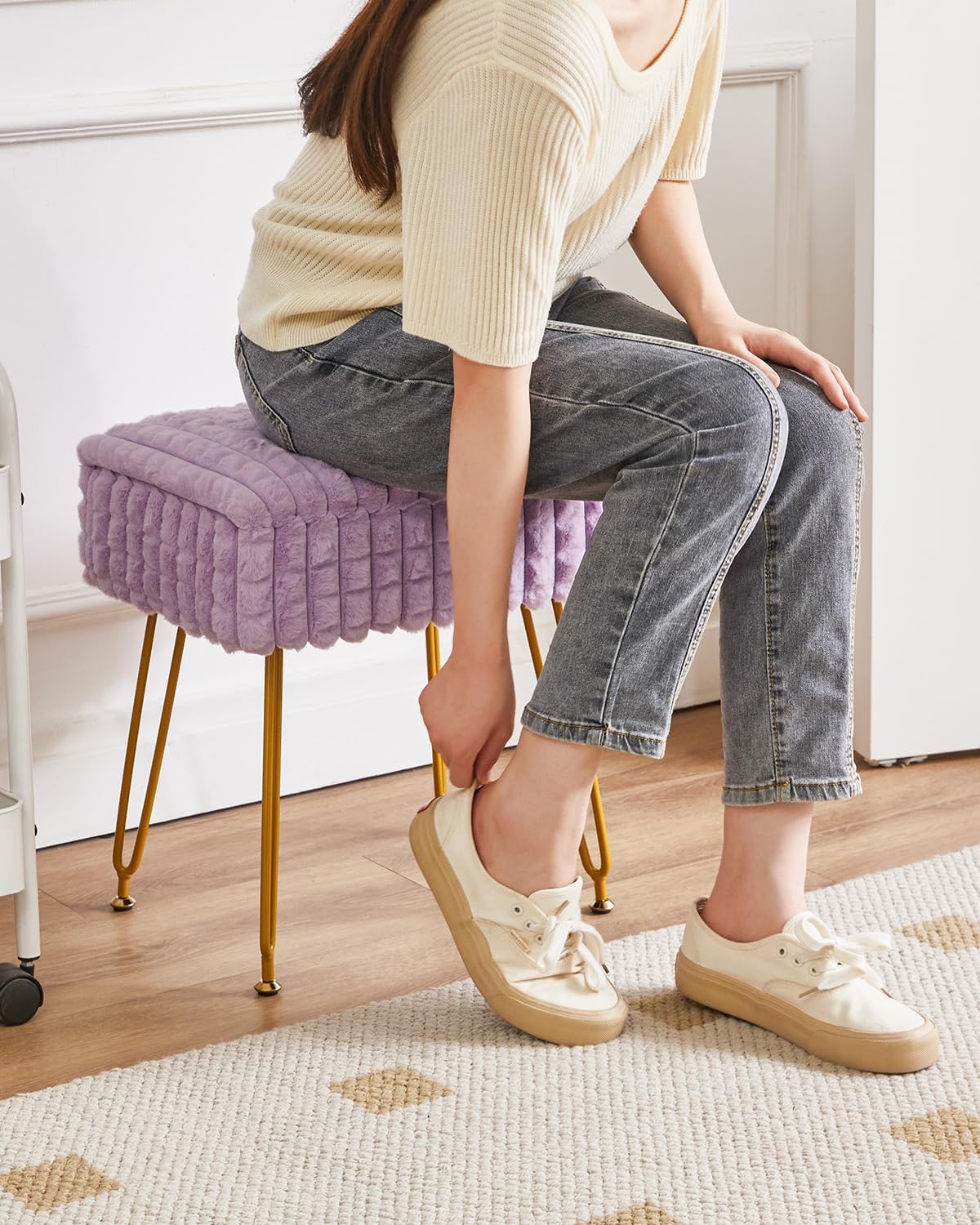 IBUYKE Rectangle Vanity Chair Ottoman, Footrest Stool, Purple WBD004V | Storage Space Footstool Vanity Stool Dressing Table Chair Anti-Slip Feet Makeup Room Bedroom Square Grid Pattern