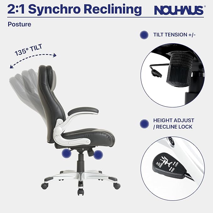 Nouhaus +Posture Ergonomic PU Leather Office Chair. Click5 Lumbar Support with FlipAdjust Armrests. Modern Executive Chair and Computer Desk Chair (Black)