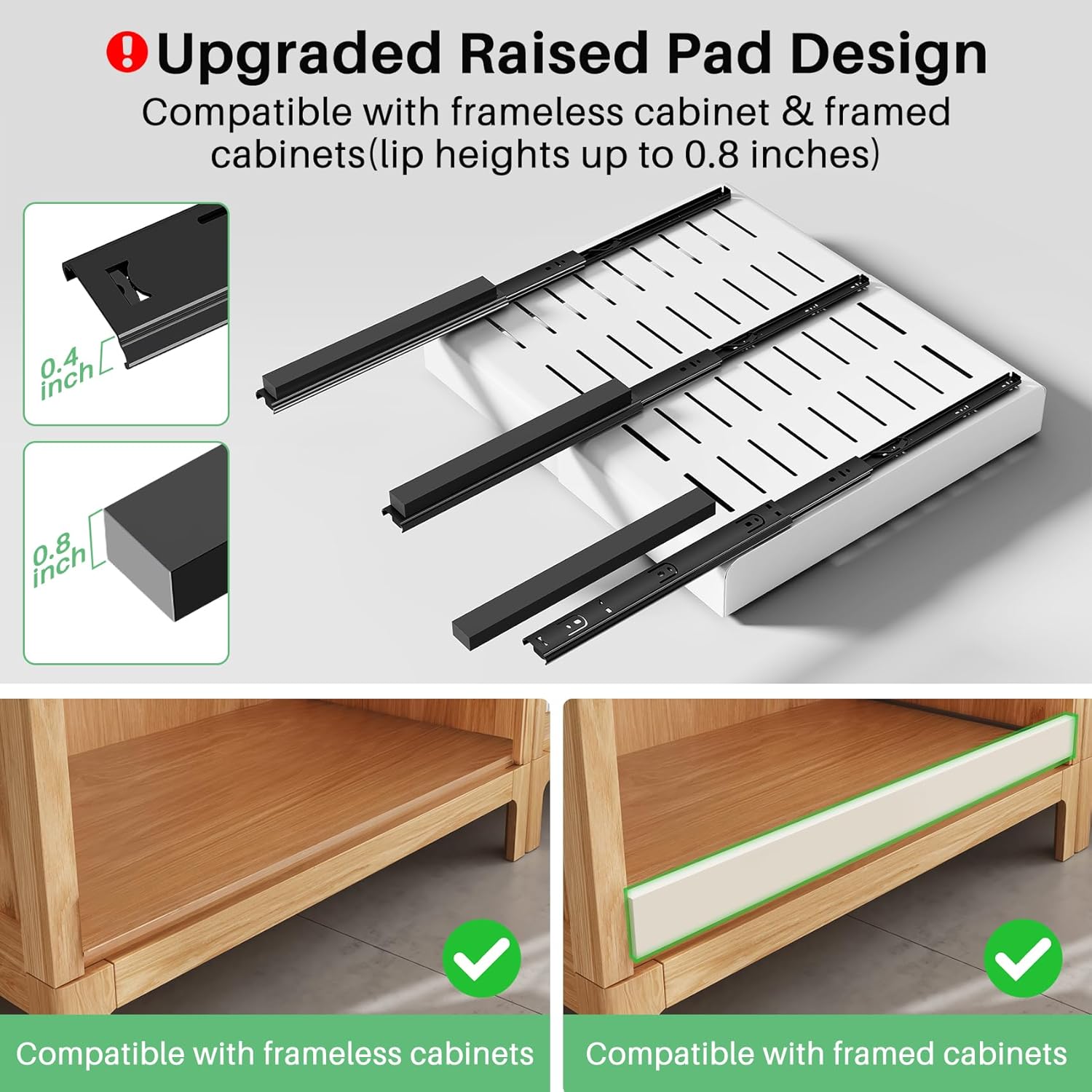 Pull out Cabinet Organizer, Stainless Steel Expandable(12"-20") Heavy Duty Slide out Drawers Fixed with Adhesive Nano Film for Pots, Roll out Shelf Storage for Kitchen Base(Silver-2pcs)(3 Rails)