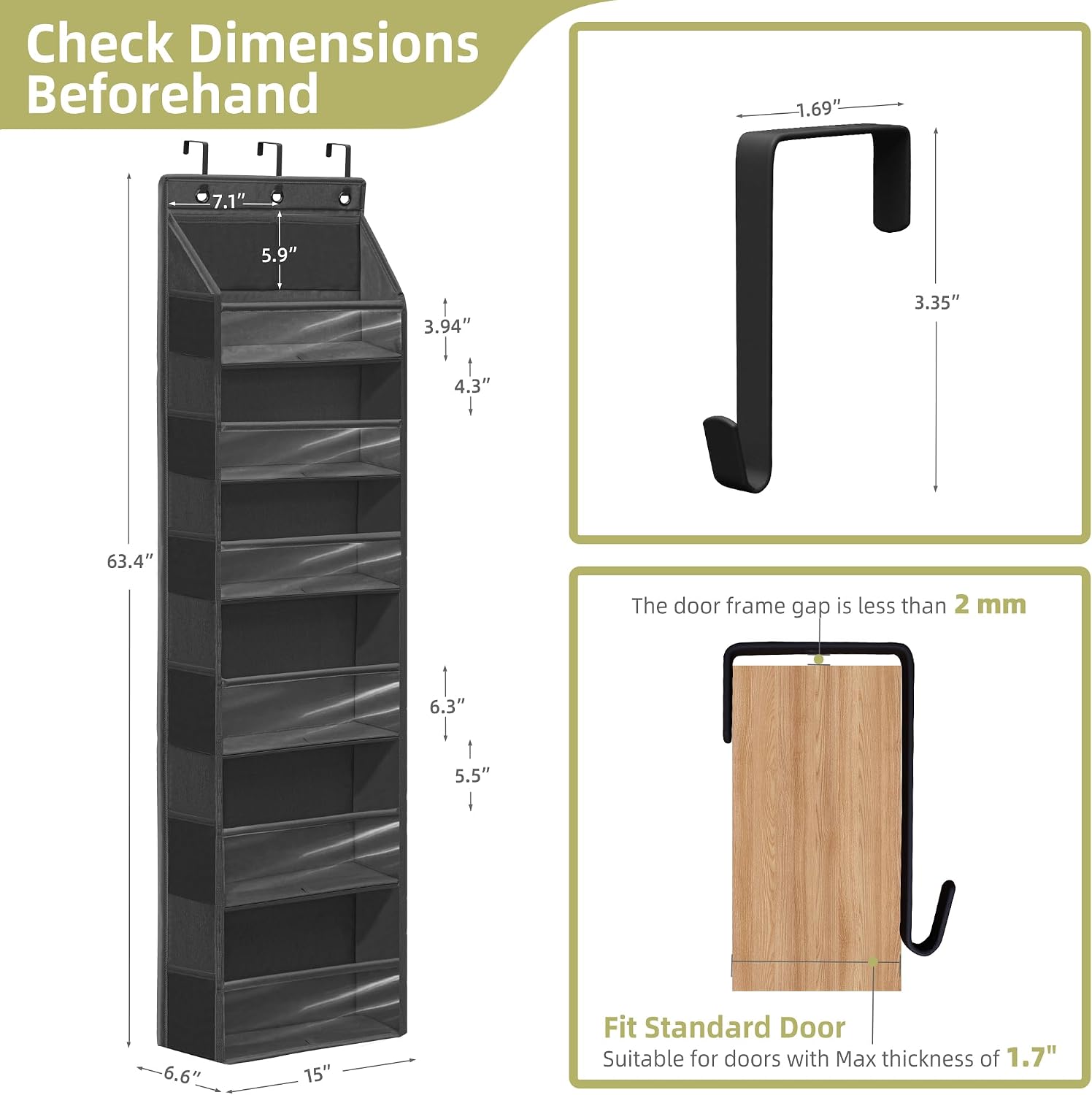 Over Door Organizer with 6 Extra Large Pockets 12 Side Pockets, Sturdy Closet Storage Rack, Hanging Storage Organizer with Clear Window for Shoes, Diaper, Bedroom, Bathroom, Black, 6-Pack
