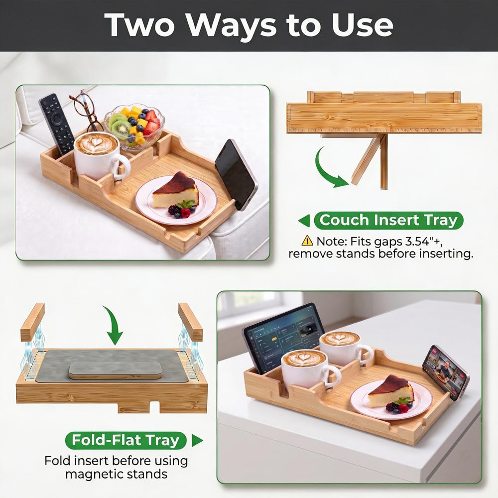 Couch Tray Insert with 2 Cup Holders, 2-in-1 Bamboo Insert & Flat Sofa Or...