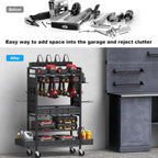CCCEI Garage Power Tools Organizer Cart with Charging Station, Black Floor Standing Rolling Drill and Tools Battery Storage Cart on Wheels. Utility Rack Gift for Men, Husband, Father.
