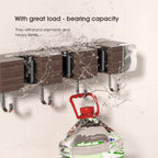 Suction Cup No Drilling Broom Holder Wall Mount, Walnut Color Mop Organizer Wall Hanging, 4 Racks 5 Hooks Tool Organizer Hanger Self Adhesive for Home, Garage, Garden, Laundry, Kitchen