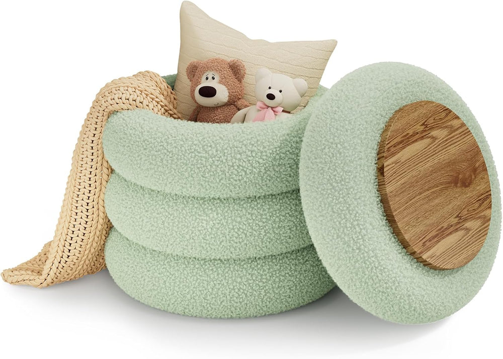 Soft Teddy Round Ottoman with Tray, 17.5 Inches Ottoman Coffee Table with Sto...