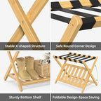 BAMBOOHOMIE Bamboo Luggage Rack for Guest Room, Wide Suitcase Stand with Storage Shelf, Folding Luggage Stand Holder for Bedroom Hotel, 26.77" Thickened Luggage Rack for Suitcases, Natural