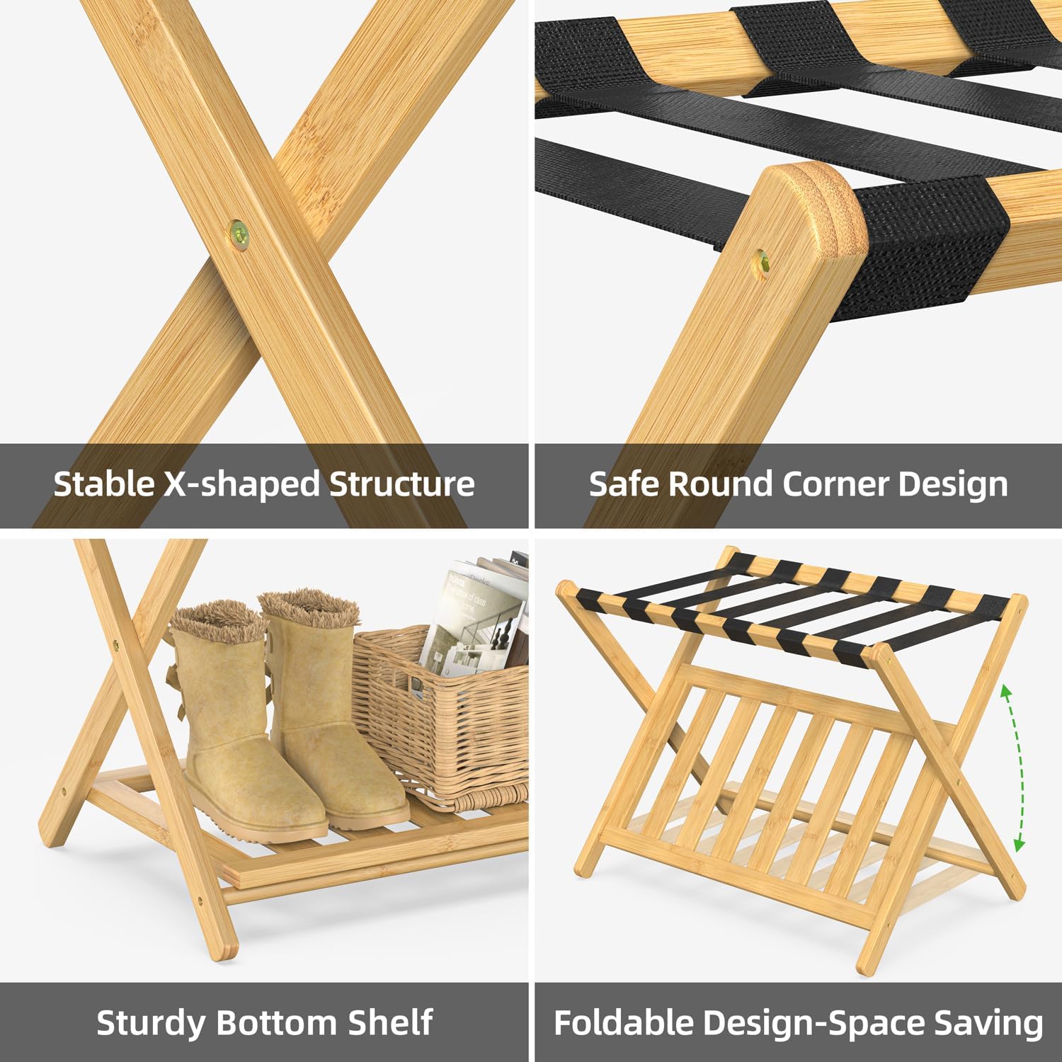 BAMBOOHOMIE Bamboo Luggage Rack for Guest Room, Wide Suitcase Stand with Storage Shelf, Folding Luggage Stand Holder for Bedroom Hotel, 26.77" Thickened Luggage Rack for Suitcases, Natural