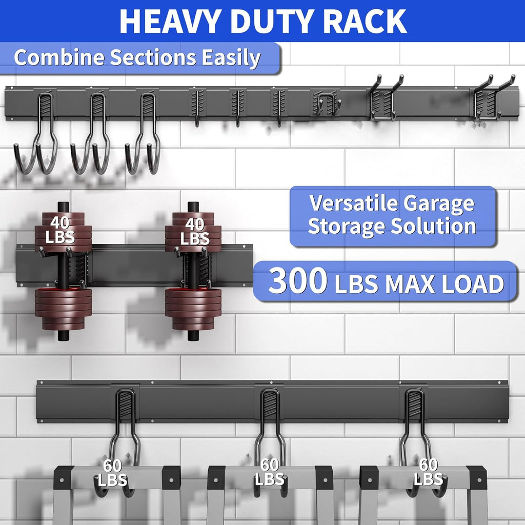 Shed Tool Organizer Wall Mount, 64inch Heavy Duty Garden Tool organizer Storage System, Easy Install With 10 Adjustable Hooks, For Garage, Basement, Shed, Workshop(Black)