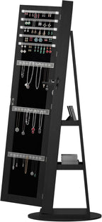 Montary 360° Rotating Jewelry Cabinet with Full-Length Mirror - Freestanding Jewelry Armoire with Lockable Storage, Built-In Lighted Mirror & Back Display Shelves, Black