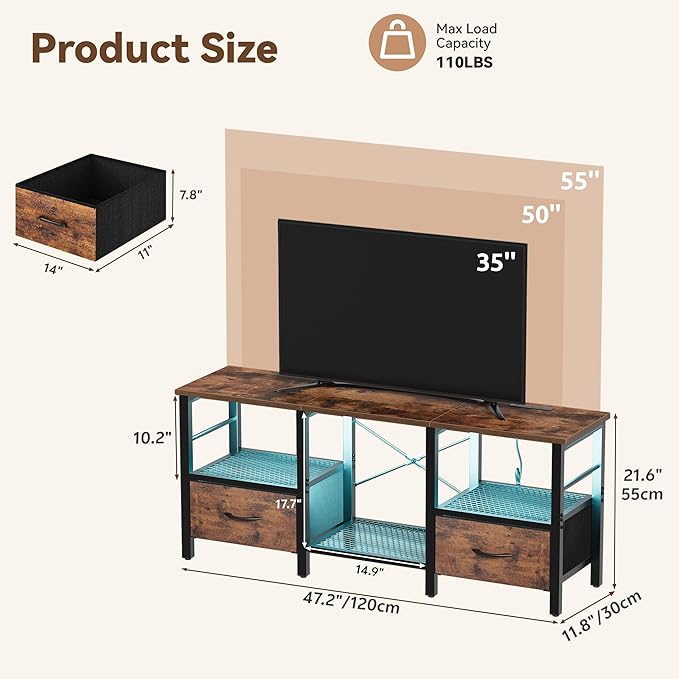TV Stand for 55 Inch TV, LED Entertainment Center with Fabric Drawers and Power Outlets, Modern Industrial TV Media Console for Living Room, Bedroom Storage Cabinet - 47.2'' Rustic Brown