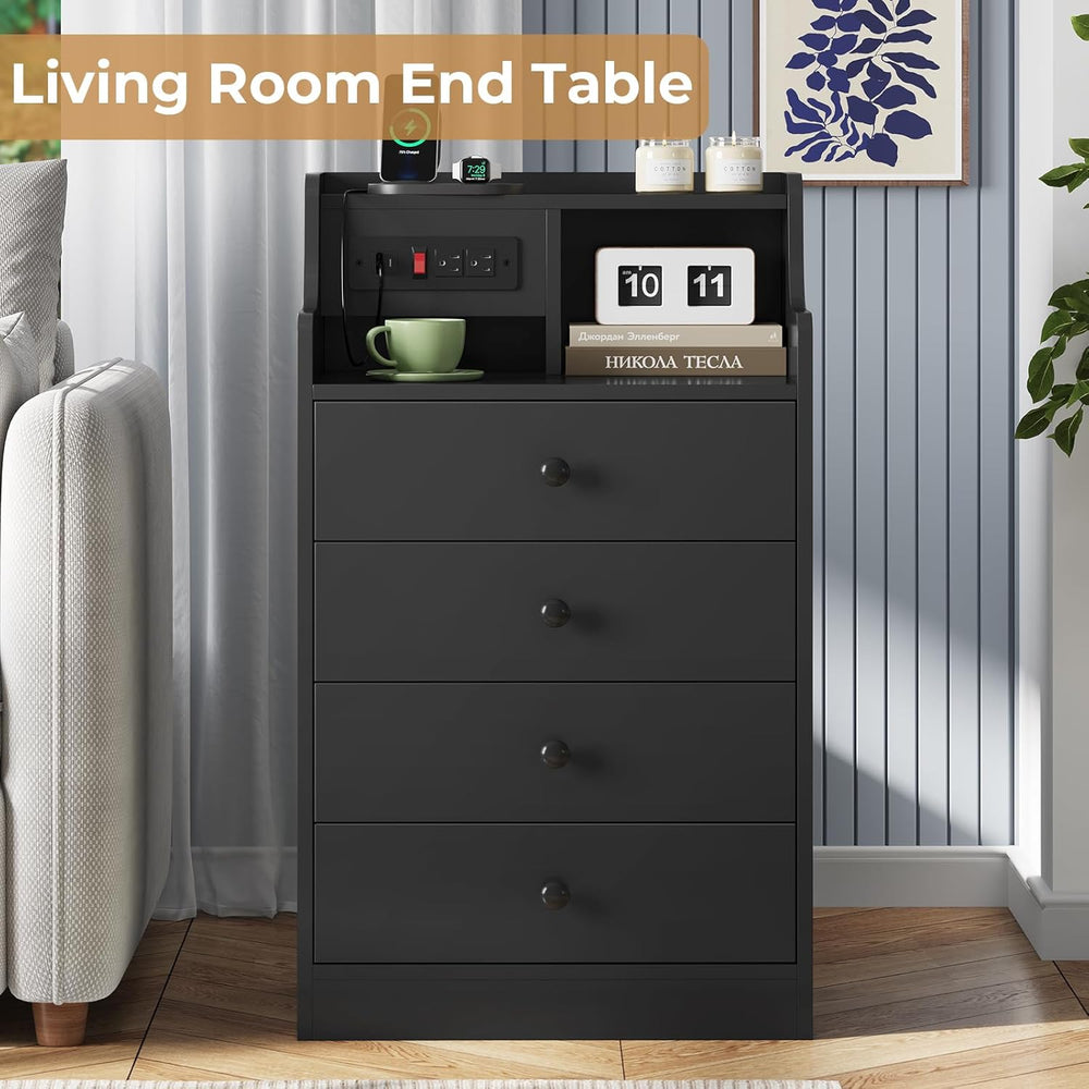 ADORNEVE Nightstand with Charging Station & Hutch,Black | Tall Bedside Ta...