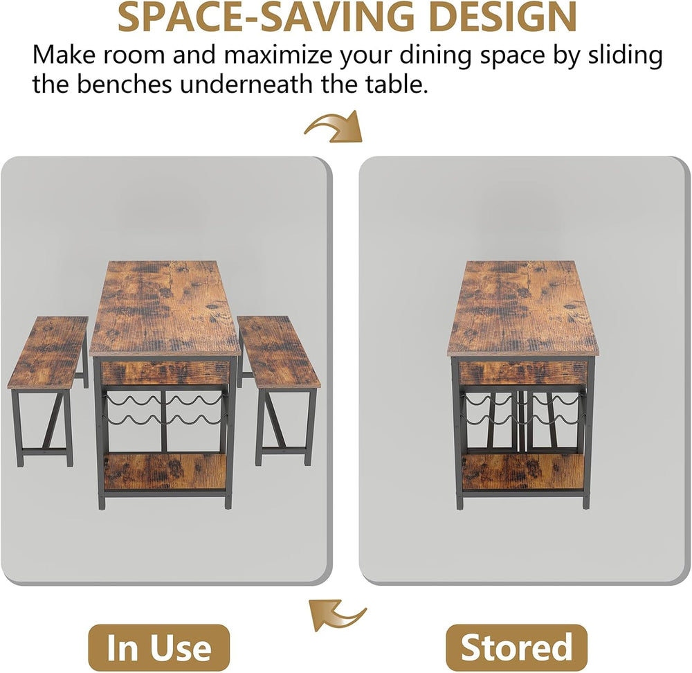 Dining Table Set for 4-6 People, 54.7" Kitchen Dinner Table with 2 Benches