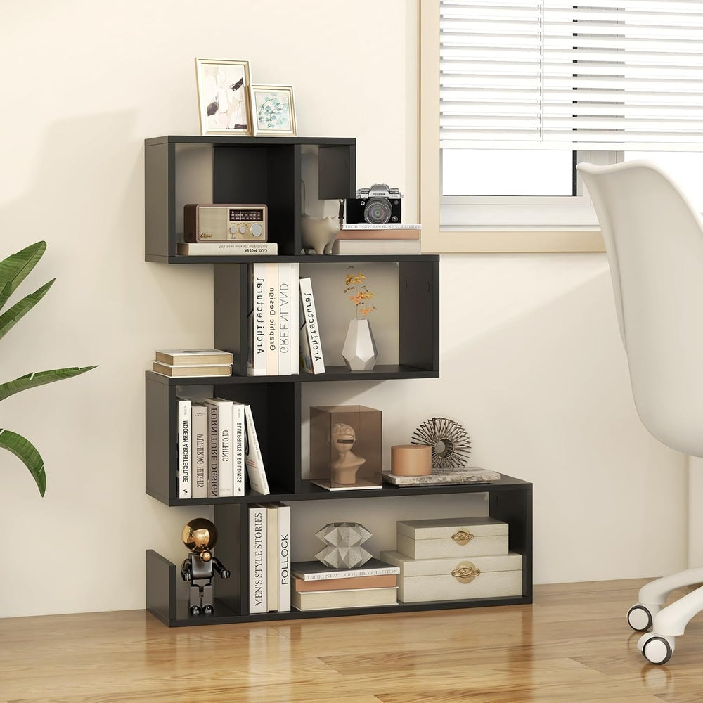 Tangkula S-Shaped Bookshelf, 5-Tier Modern Geometric Stepped Bookcase with An...