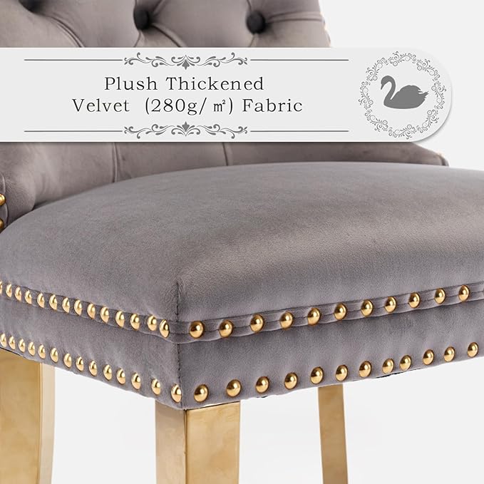 Velvet Upholstered Dining Chairs Set of 6, Modern Style Kitchen Side Chairs with Nailhead Trim and Gold Plated Leg, Metal Pulling Ring for Dining Room Living Room(Gery-Gold Plated Leg)