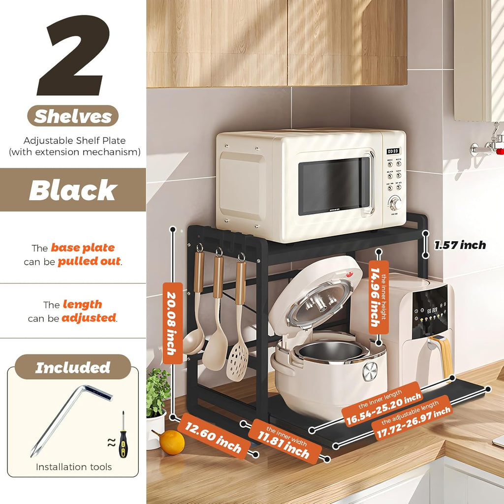 2-Tier Microwave Rack - Height Adjustable & Extendable Kitchen Shelf with Drawer - Carbon Steel - Includes Hooks & Reinforcement Suction Cups - Easy Assembly (Black)