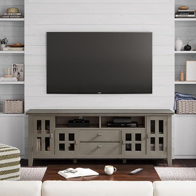 SIMPLIHOME Artisan SOLID WOOD 72 Inch Wide Transitional TV Media Stand in Natural Aged Brown for TVs up to 80 Inch, For the Living Room and Entertainment Center
