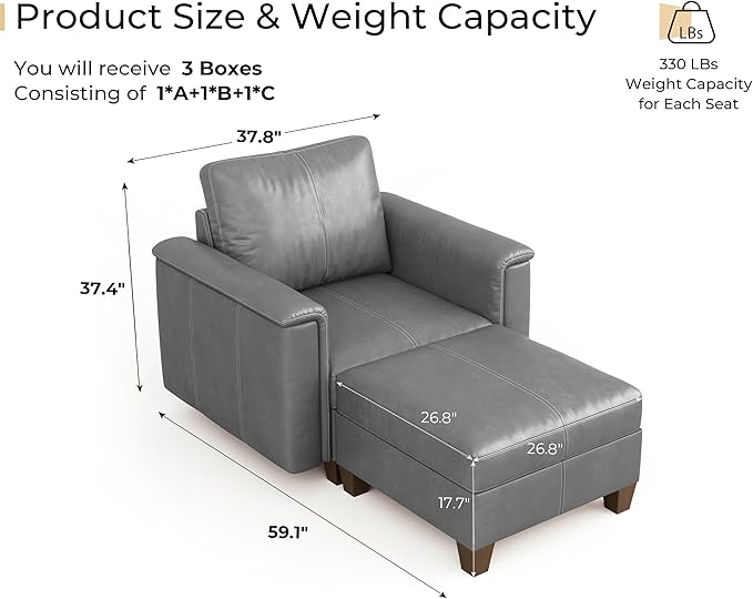 SITJOY Faux Leather Modular Sectional Sofa with Storage, Mid Century Modern Sectional Couches for Living Room, Soft Padded Armrests, Chaise Lounge with Ottoman, Gray