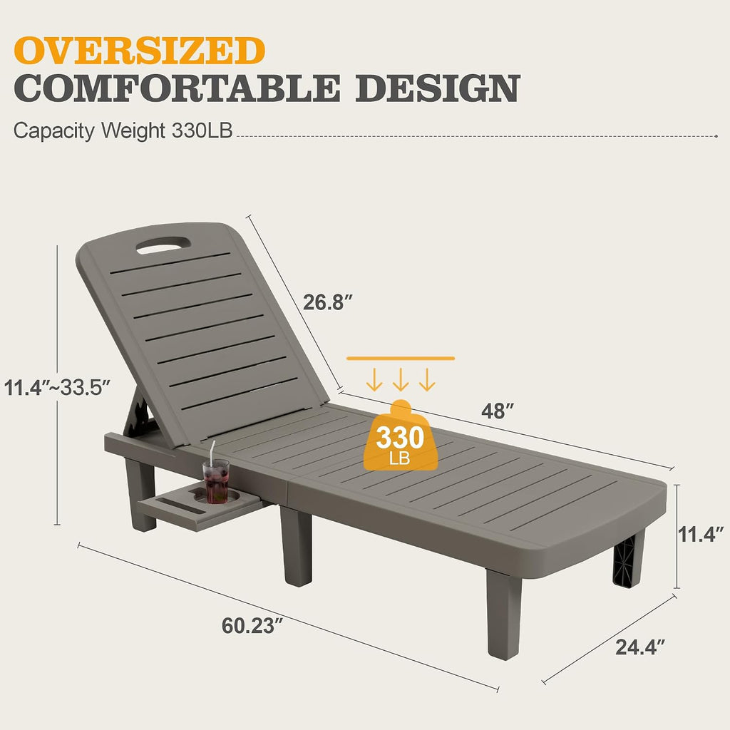 UDPATIO Outdoor Lounge Chair Pool Waterproof Chaise Chairs Reclining | Resin 5-Position Adjustable with Cup Holder Patio Recliner Furniture Weather Resistance for Beach Garden Indoor Resin L Grey