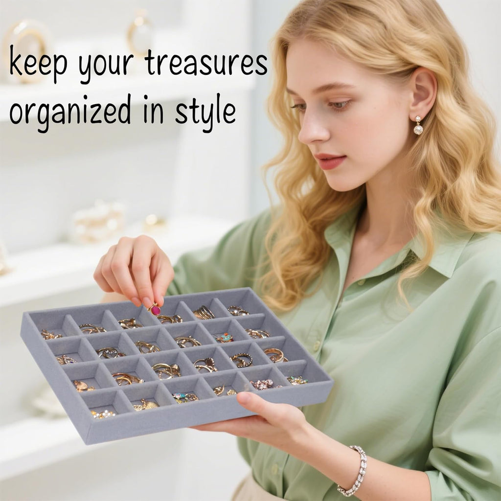 Stackable Jewelry Organizer Tray 24-Grid Velvet Jewelry Drawer Inserts Earring Organizer for Women Jewelry Display Box Case for Earring Rings Stud Necklaces (Set of 8, Grey