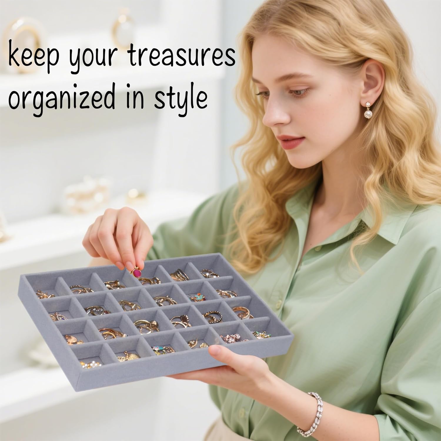 Stackable Jewelry Organizer Tray 24-Grid Velvet Jewelry Drawer Inserts Earring Organizer for Women Jewelry Display Box Case for Earring Rings Stud Necklaces (Set of 8, Grey