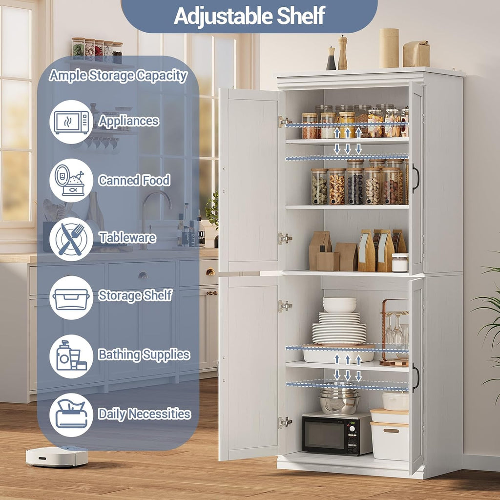 70 Inch Tall Pantry Cabinet, Wood Kitchen Storage Cabinet with 4 Doors & Adjustable Shelves, Modern White Pantry Organizer Cupboard for Dining Room, Living Room