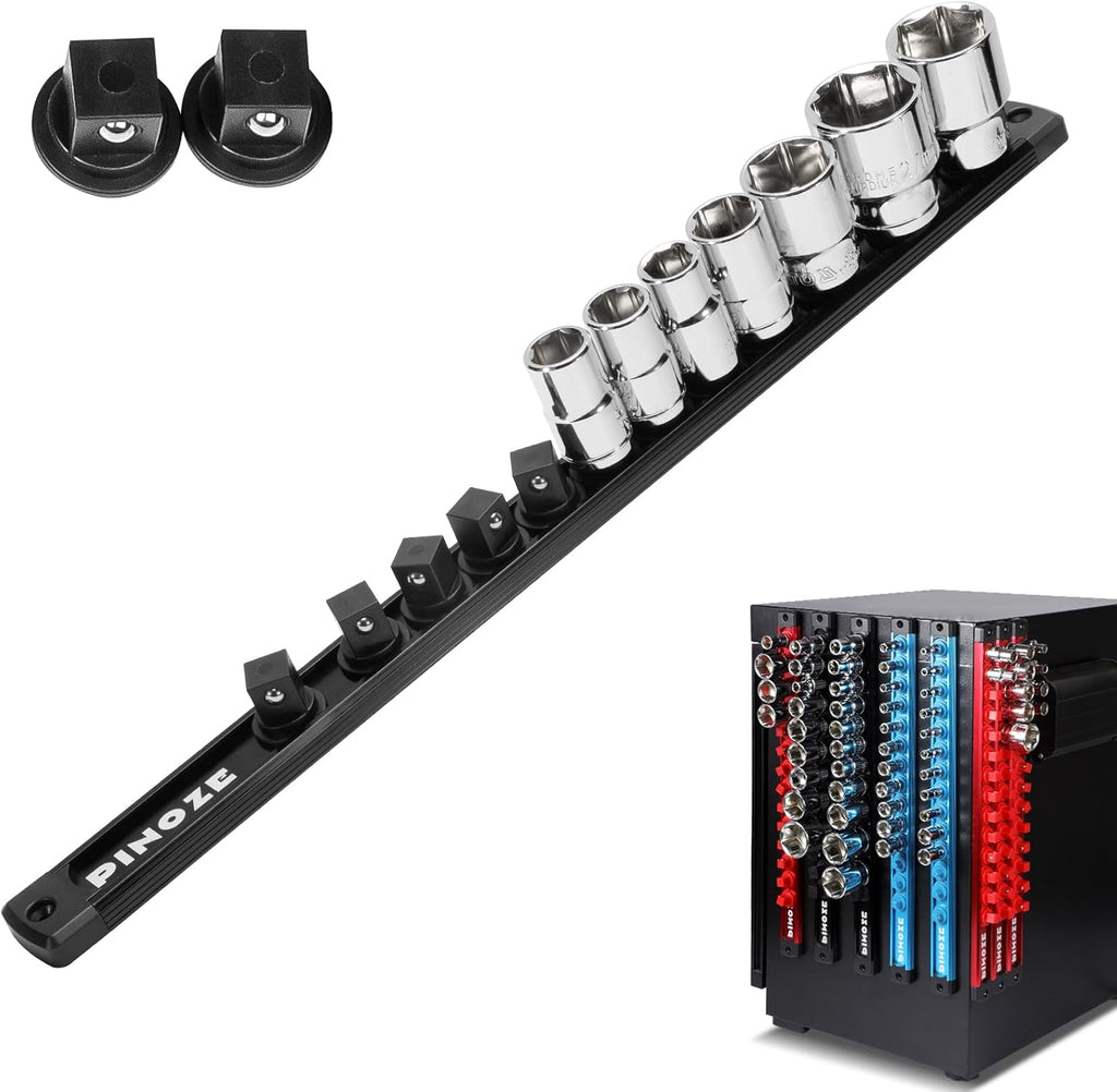 1/2" Magnetic Socket Holder Organizer - Aluminum Alloy Socket Rail Tray for Tool Box Drawer, Socket Rack with Extra 2Pcs Replacement Clips for Automotive Garage(Black)