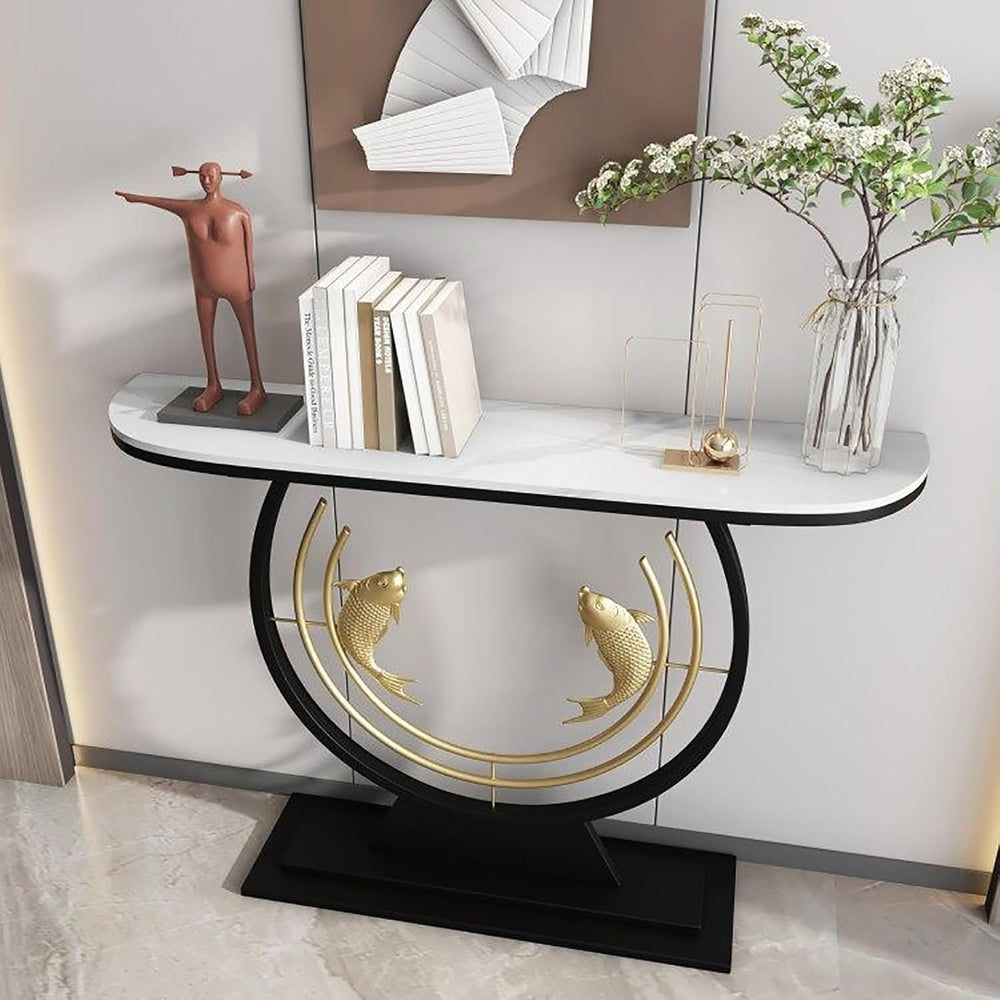 Modern Console Table with Stone Slab Tabletop Accent Table for Hallway Entryw...