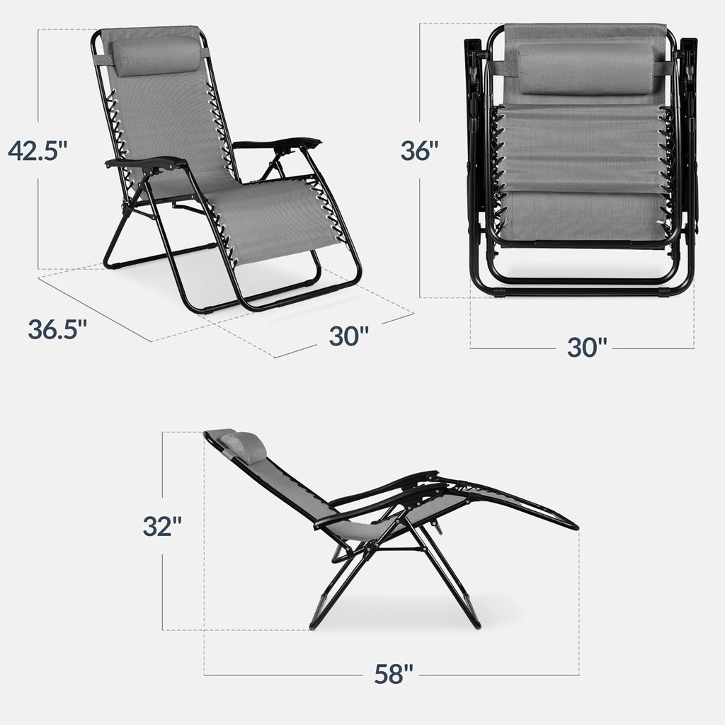 Best Choice Products Set of 2 Extra Wide Adjustable Steel Mesh Zero Gravity Lounge Chair Recliners w/Pillows and Cup Holder Trays - Ice Gray