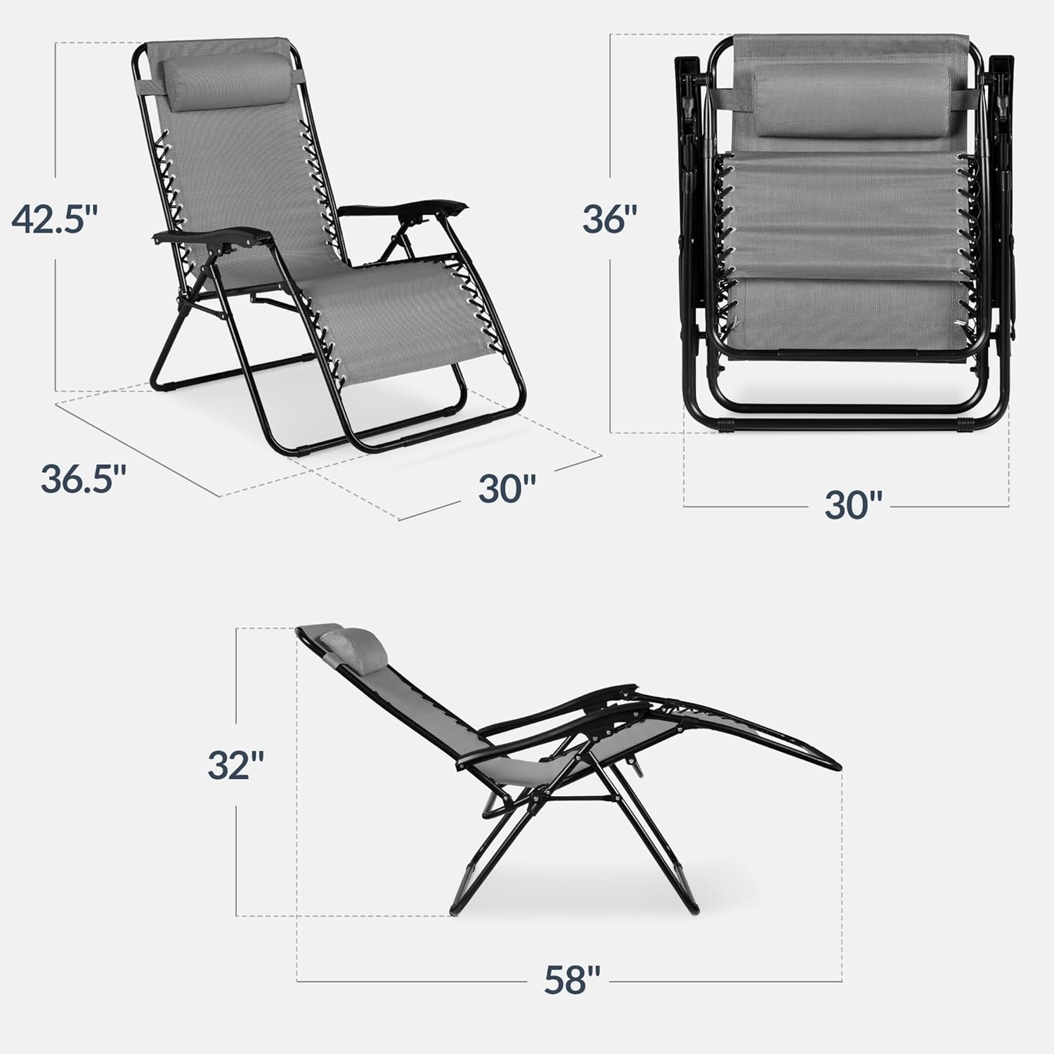 Best Choice Products Set of 2 Extra Wide Adjustable Steel Mesh Zero Gravity Lounge Chair Recliners w/Pillows and Cup Holder Trays - Ice Gray