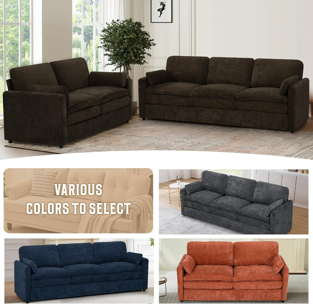 Comfy Chenille Sofa Set with Well-Filled Pillows, Brown | Modern 3 Seater &am...