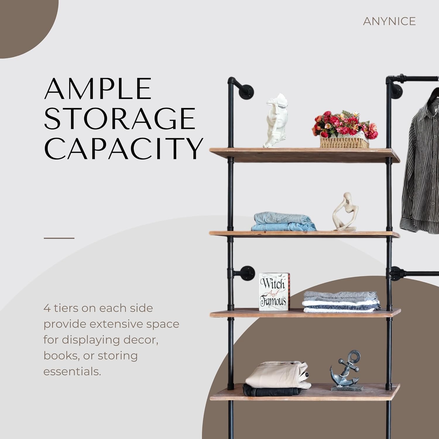 Industrial Pipe Clothing Rack, Wall Mounted Garment Hanging Rack with Shelves, 14.6x112.6x82.7 Inches, Model Y03