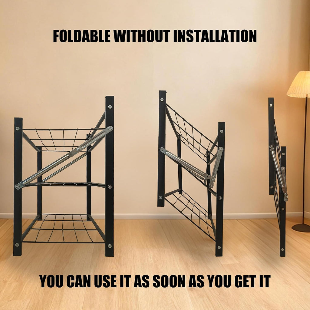 3-Tier Folding Metal Shoe Rack, Heavy Duty Free-Standing Storage Shelf for Entryway, Bedroom, Gym, Holds Shoes, Dumbbells, Multi-Purpose Organizer with Reinforced Stability