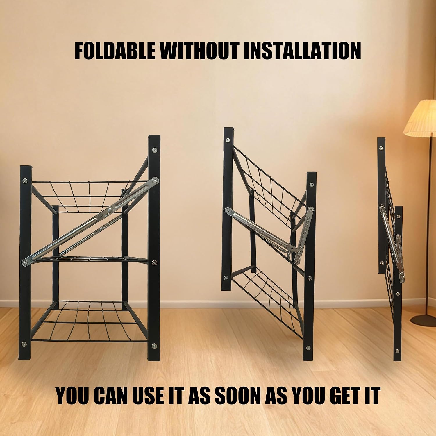 3-Tier Folding Metal Shoe Rack, Heavy Duty Free-Standing Storage Shelf for Entryway, Bedroom, Gym, Holds Shoes, Dumbbells, Multi-Purpose Organizer with Reinforced Stability