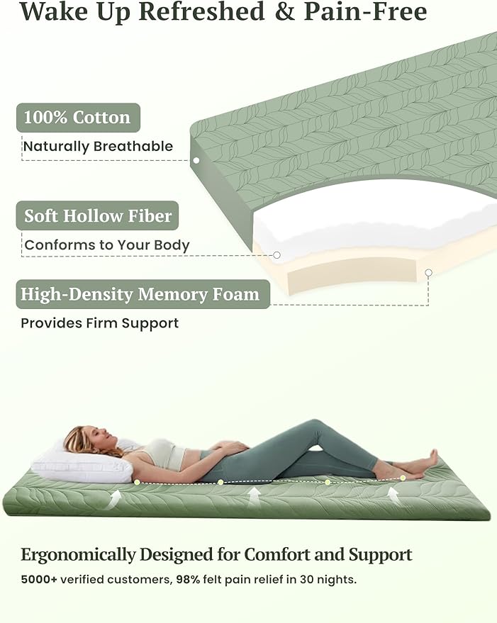 ZonLi Japanese Floor Mattress Futon Mattress King Size, Thicken Roll Up Tatami Mat w/ 100% Cotton Washable Cover, Portable & Foldable Floor Bed for Sleeping, Dormitory, Adult Kids, Green