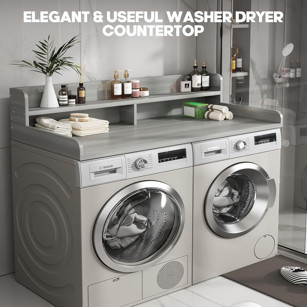 2-Tier Washer and Dryer Countertop with 2.75" H Guard,58" W x 28" D Laundry Countertop Cover with Non-Slip Pad,Large Space Laundry Topper for Folding Clothes Over Washer and Dryer-Stripe Gray